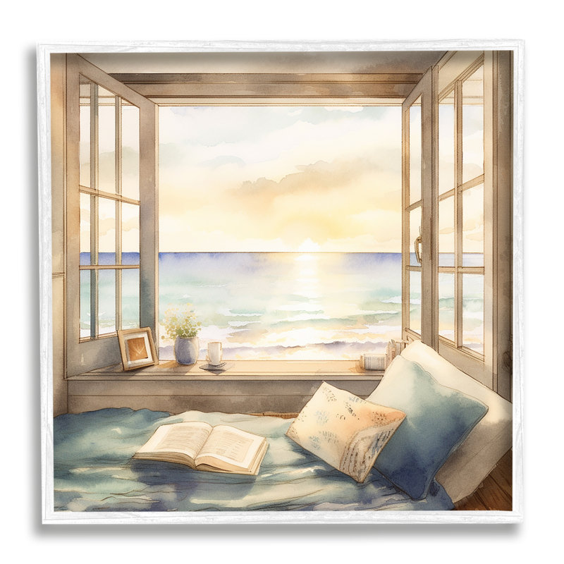 Ba-026 - Encadré d'une fenêtre de plage vue sur toile, H 12 po x l 12 po x P 1,5 po, Giclée encadrée blanc bord de mer