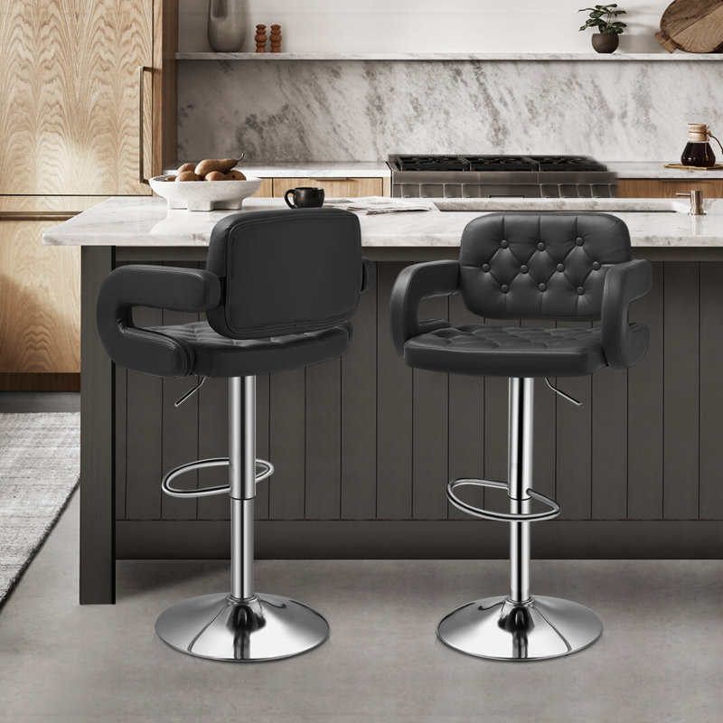 Black Faux Leather Adjustable Swivel Bar Stools with Pedestal Base, Set of 2