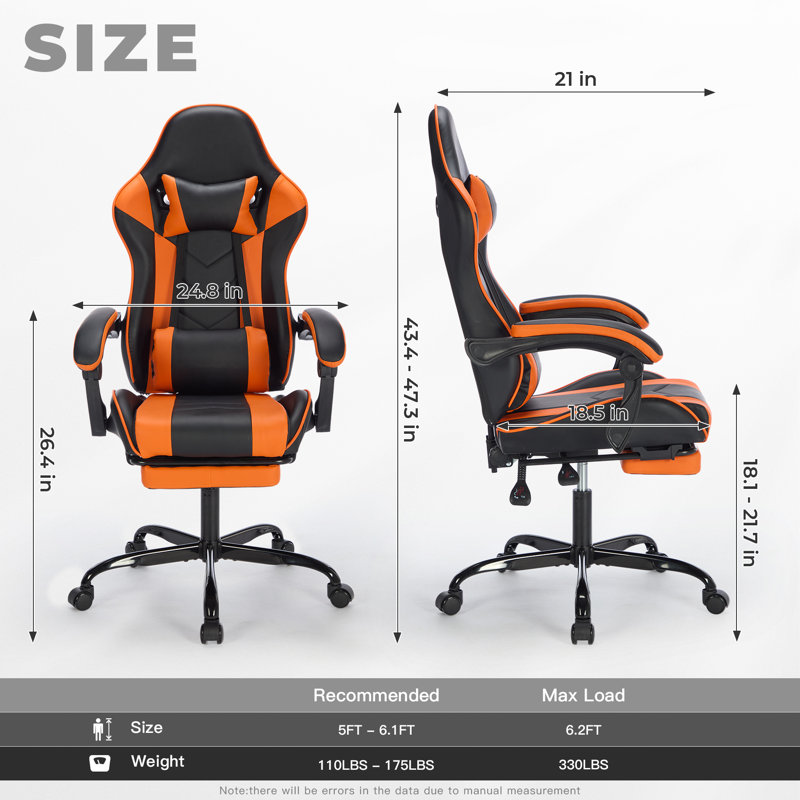 Westley PU Leather Gaming Chair with Adjustable Recline, Headrest & Footrest, Black/Orange