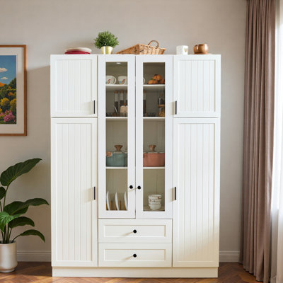 Grand garde-manger moderne avec 6 portes, tiroirs, tablettes réglables, plateaux coulissants et porte-bouteilles