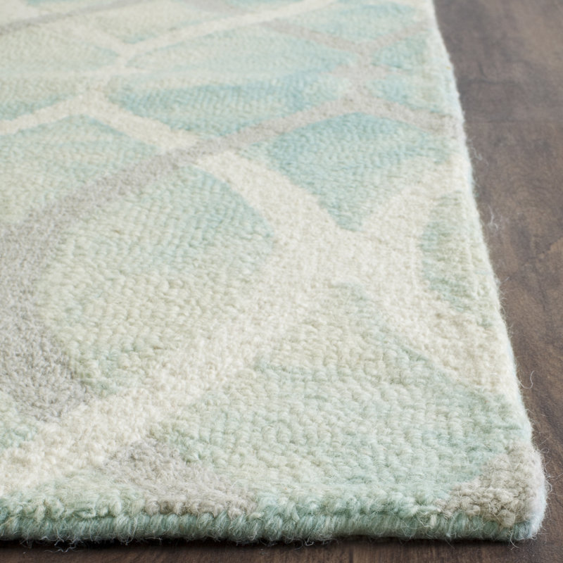 Tapis vert / ivoire touffeté à la main à motif géométrique Amekia, Rectangle de 6 pi x 9 pi