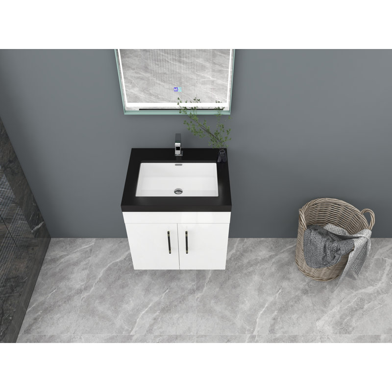 Ensemble de meuble-lavabo mural simple 24 po Camon, Blanc très luisant, Noir mat