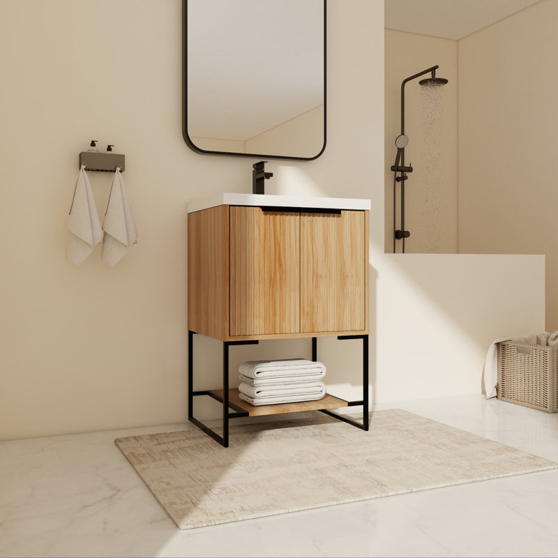 Meuble-lavabo simple autoportant avec plateau en résine 23,63 po Springboro, Érable, Noir mat