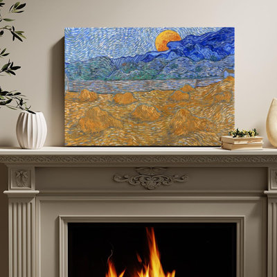 Art mural encadré sur toile, foin sous un soleil vibrant, ciel bleu tourbillonnant, style de peinture à l'huile post-impressionniste. Décoration murale, grande œuvre d'art pour le salon, prête à être suspendue, 24 po x 36 po