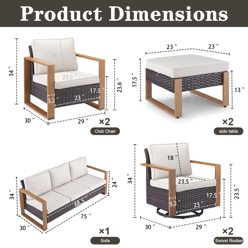 Kelyse 7 Piece All Weather Wicker Outdoor Sofa Seating Group with Cushions, Beige, Brown