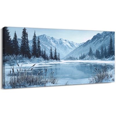  Art de Noël sur toile scène de Noël hivernal, décoration murale lac alpin, montagne enneigée, reproduction d'art sur toile, pin suspendu des Fêtes pour salon, chambre à coucher, 48 po x 24 po