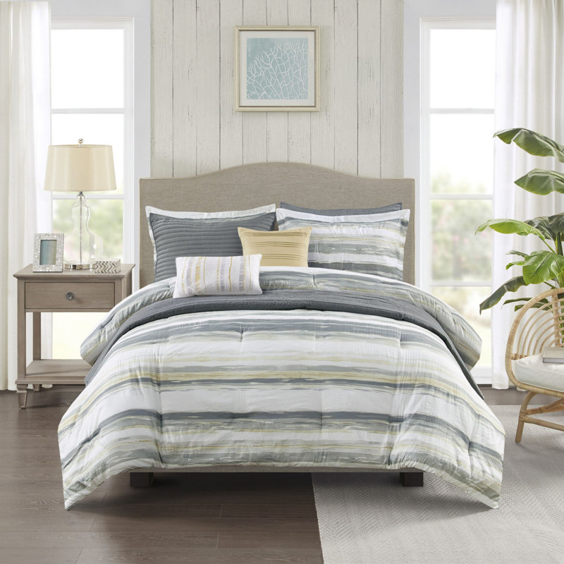 Yellow and Gray Reversible Microfiber Comforter Set, Full