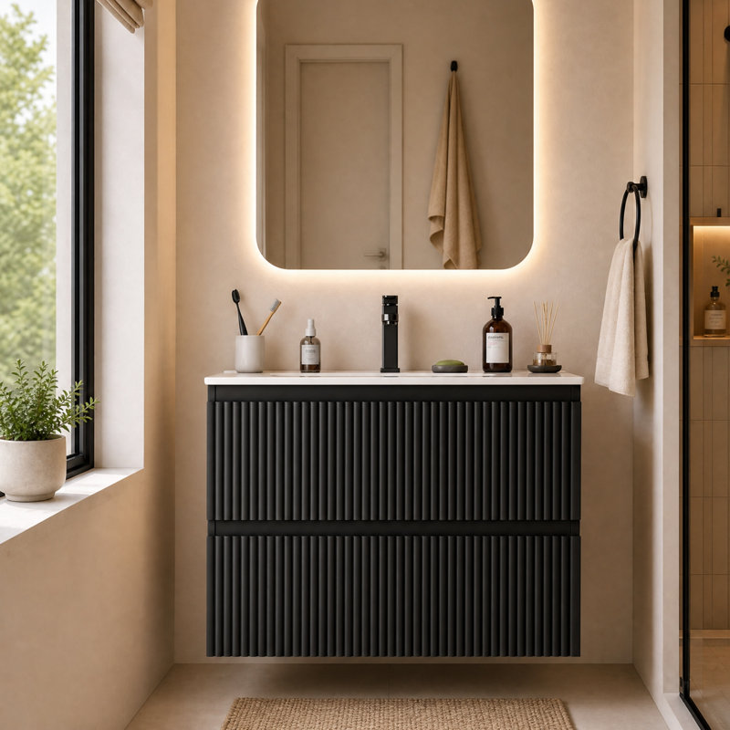Meuble-lavabo suspendu noir de 61 cm (24 po) avec lavabo en céramique, meuble-lavabo mural moderne cannelé avec 2 tiroirs à fermeture douce pour salle d'eau