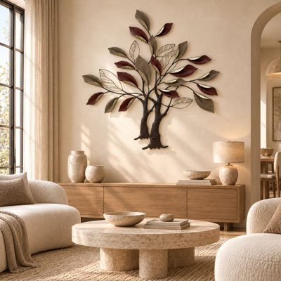 Crimson Tree 34.75" 3D Metal Wall Art, Nature-Inspired Décor