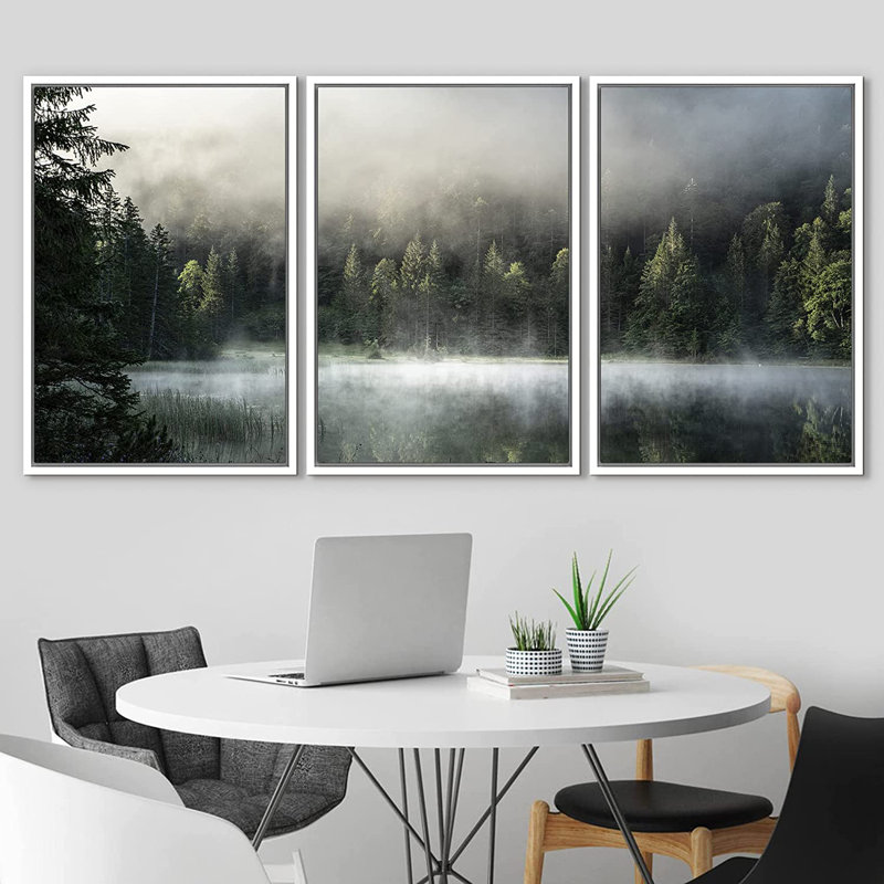 «Nature Landscape Forest Lake Covered in Fog Natural Landscape», reproduction de photo sur toile flottante 3 pièces, Blanc