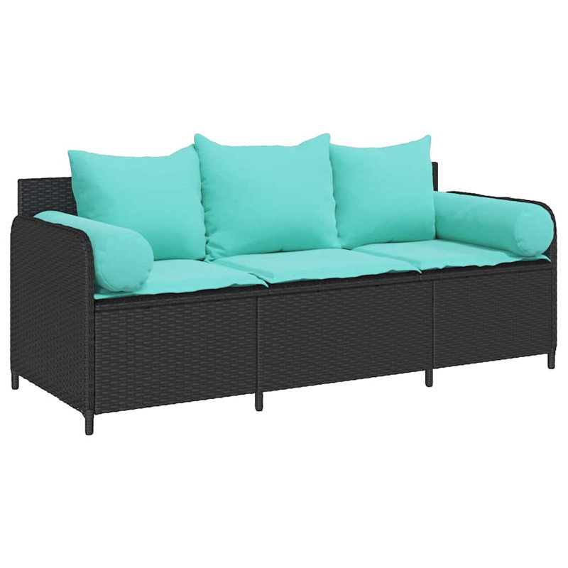 Patio Sofa With Cushions 3-Seater Poly Rattan, Turquoise, Black