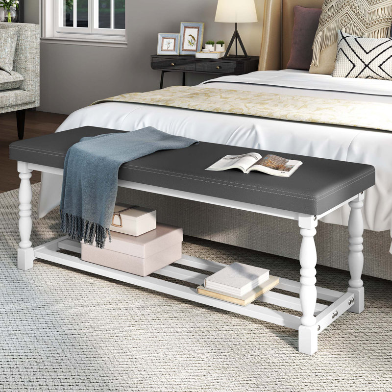 48-Inch Roman Inspired Shoe Bench With Cushion And Storage Shelves, White