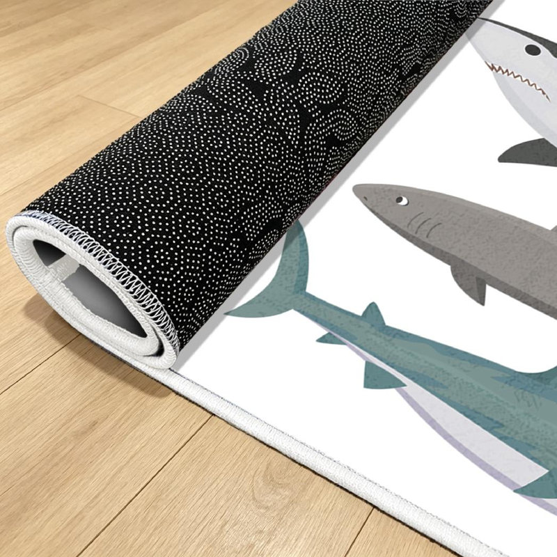 Tapis bleu profond lavable à la machine à motif de requin adorable animal aquatique, Rectangle 32" x 47"