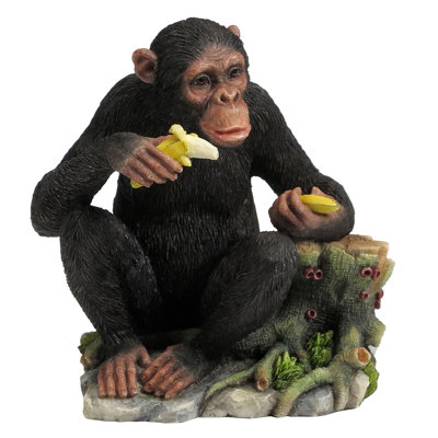 4.53 in H Chimpanzee Eating Bananas By Tree Stump, Poly Resin