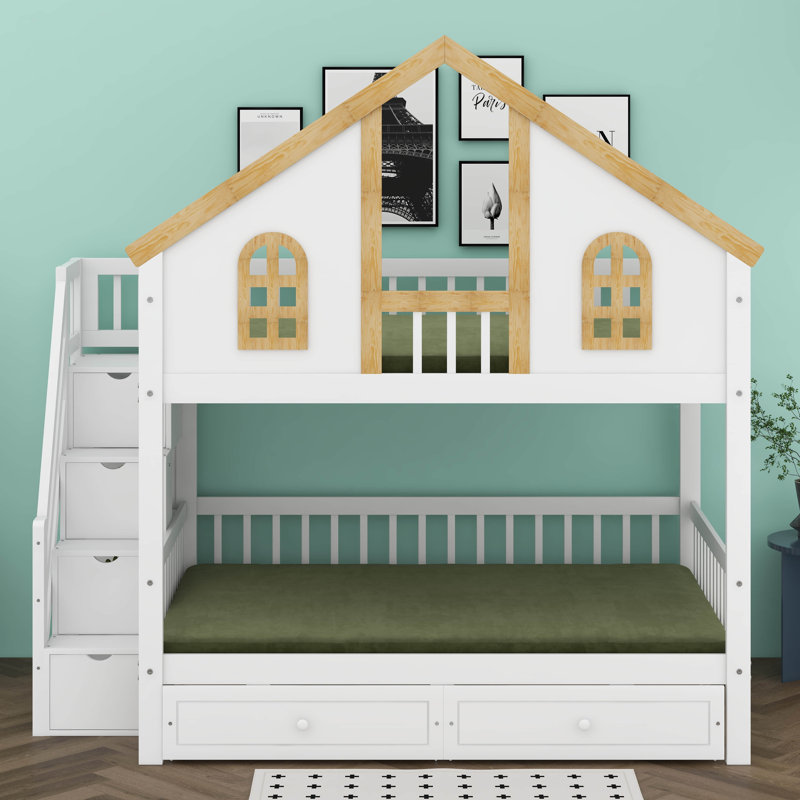 Full Size Wooden House-Shaped Bunk Bed With Storage Drawers & Staircase, Loft Bed With Windows, Door & Roof, Full Over Full