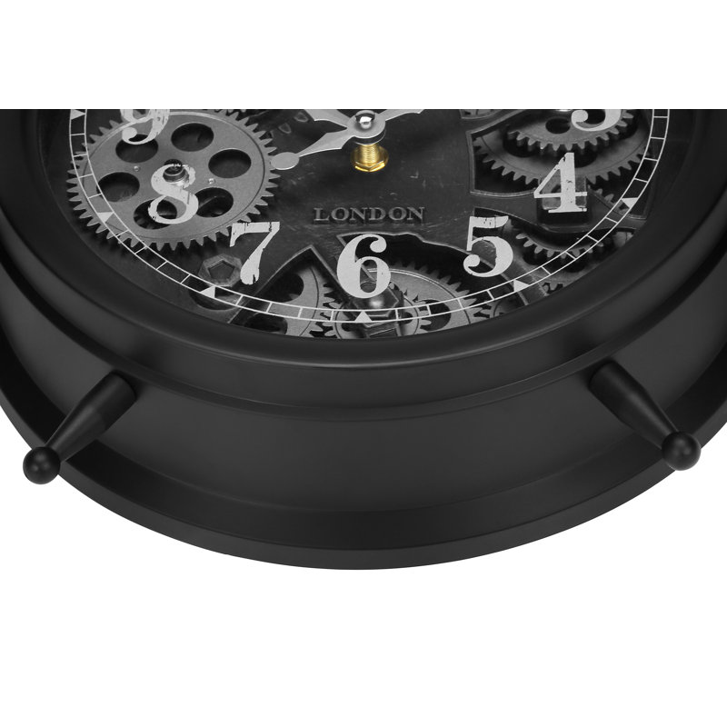 12" Round Clock, Gear Mechanism, Table Clock, Black, Transitional | Gift Idea, Black