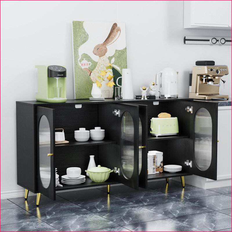 Armoires, buffet moderne avec portes en acrylique et amp; Tablettes réglables, 60 po x 15,6 po x 32,3 po, noir | Bois aggloméré + métal | Cuisine