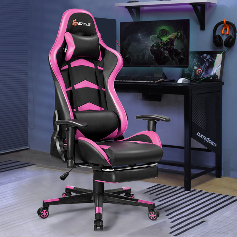 Ebern Designs Adjustable Reclining Ergonomic Swiveling PC & Racing Game Chair with Footrest, Pink