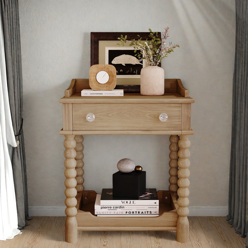 Retro Style Nightstand With 1 Drawer, An Open Shelf, Turned Legs And Metal Handles