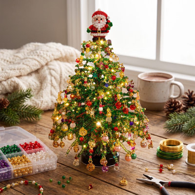 Christmas Decorations DIY Beaded Christmas Tree Kit Handmade Mini Tabletop Xmas Tree With Light 3 Styles Topper  Decor  Gift