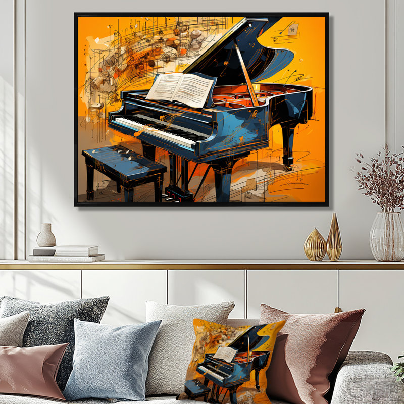 Black Piano Retro Collage Musical Score - Piano Wall Art Decor, Toile avec cadre flottant noir, H 30 po x l 40 po x P 1,5 po