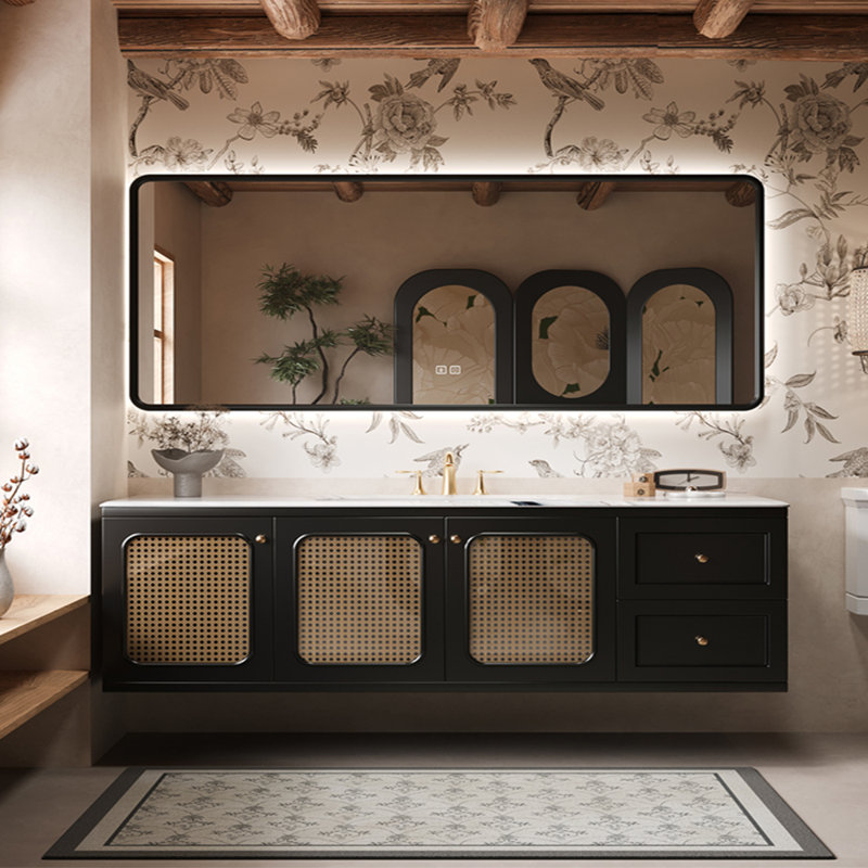 American-style retro rattan bathroom cabinet, 19.69" H x 66.93" W x 21.56" D