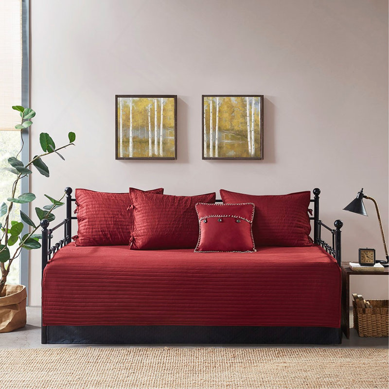 Ensemble de literie réversible à carreaux 6 pièces pour lit de jour avec jupe de lit et coussin décoratif, taille simple, rouge/noir