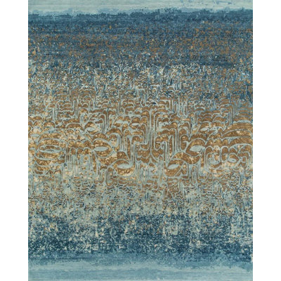 Calligraphy 8x10 Area Rug Hand Knotted Wool Silk Rug Blue Gold Abstract Landscape Carpet Luxury Arsia Transitional Rug for Living Room