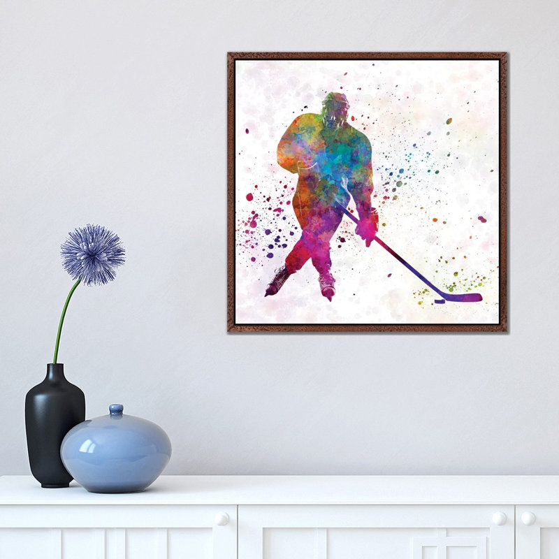 Hockey Skater III by Paul Rommer - Painting on Canvas, 45.72 cm H x 45.72 cm W, Classic Brown Wood Framed