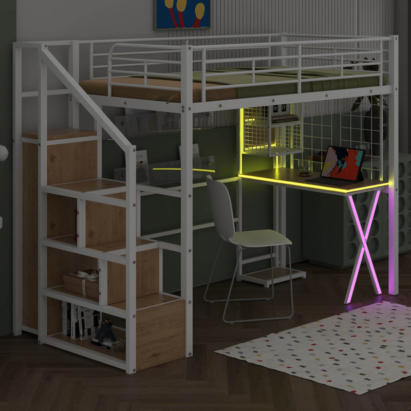 Metal Loft Bed With Built-In Desk Work Station, Wardrobe, Storage Staircase And LED, Gaming Bed For For Kids Teens Adults