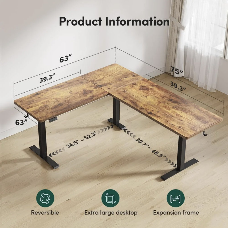 Bureau debout réglable en L 75 po, Brun / Noir, H 28,3 po x l 75 po x P 63 po