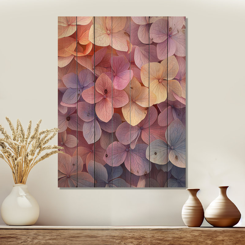 Hortensias jardin des couleurs de l'été I - décoration murale en bois d'hortensias - sur bois de pin naturel