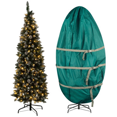 6Ft Prelit Christmas Tree With Upright Storage Bag - Flocked Artificial Spruce Pencil Tree With 250 LED Lights, 618 Frosted Branch Tips, Pinecones, And Stand - 3PC Christmas Decorations 