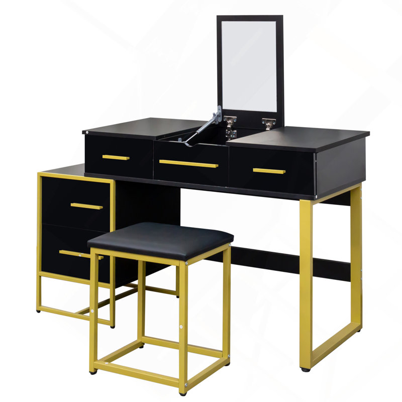 Ensemble de coiffeuse avec miroir, commode avec table de chevet et 4 tiroirs, Noir