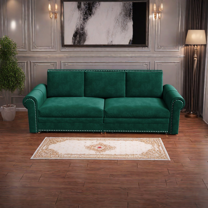 3-in-1 Convertible Sleeper Sofa Bed with Nailhead Trim & Rolled Arm, Green