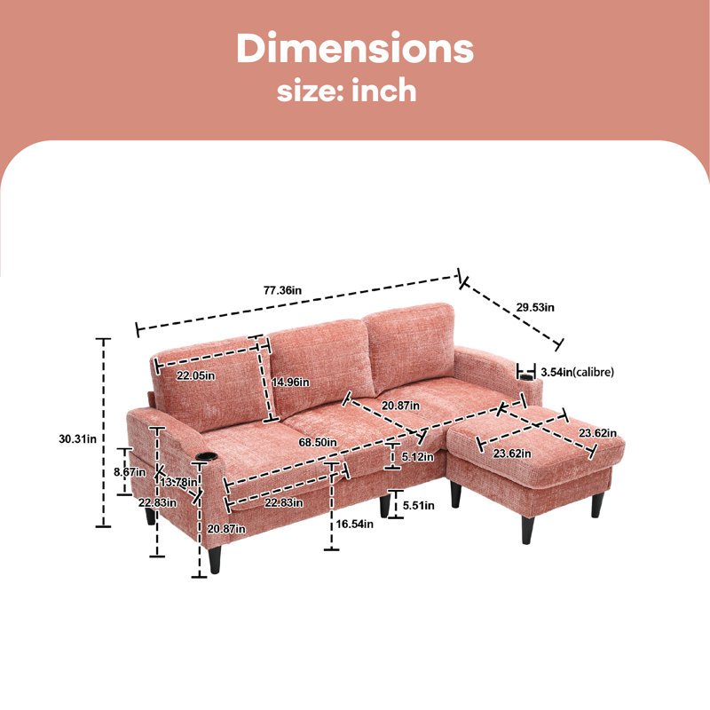 Adylynn Upholstered L-Shaped Sectional, Pink Polyester