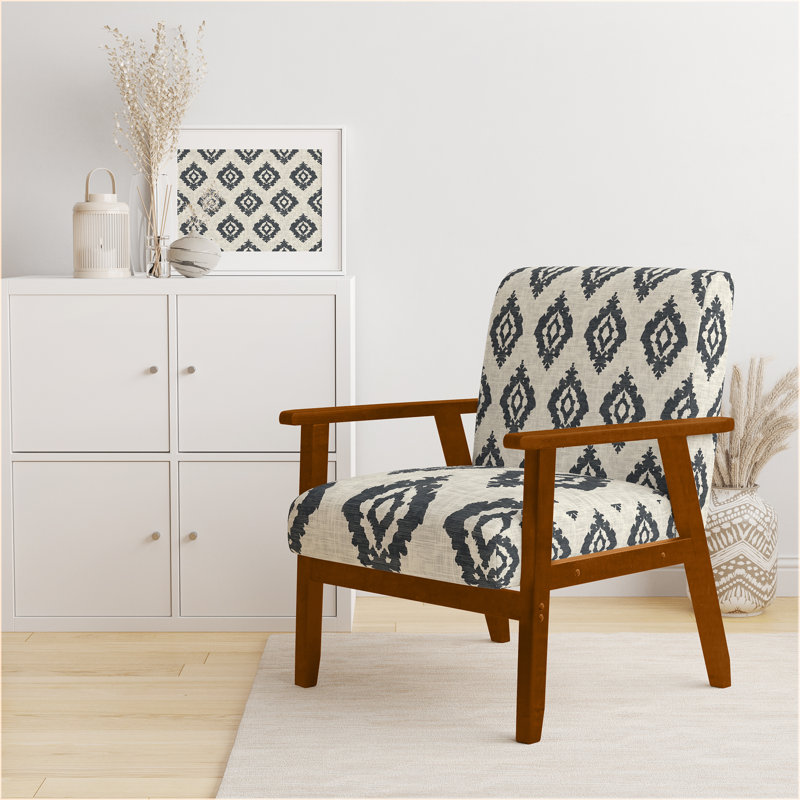 Chaise rembourrée Country Farmhouse - Fauteuil Ikat, Accoudoirs carrés bruns