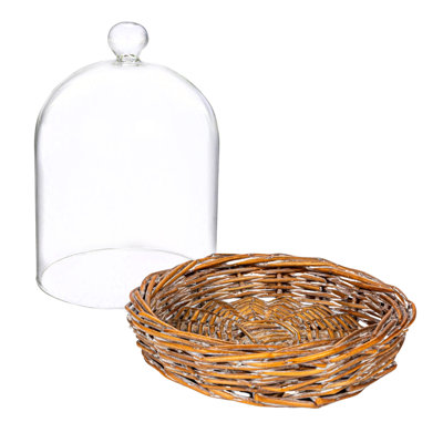 Cloche ronde en verre Abrish avec base en saule tissé, transparent