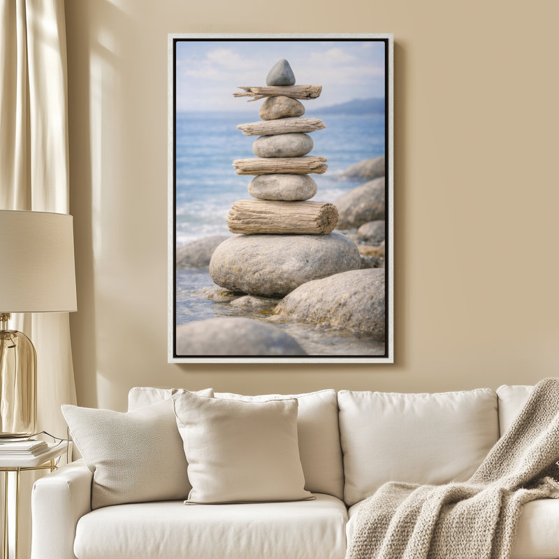 Art mural sur toile encadrée - pile de pierres zen côtières avec bois flottant sur la côte sereine de l'océan - 16 po x 24 po, 24 po x 36 po
