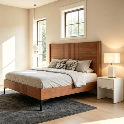 Queen Size Bamboo Platform Bed Frame with Headboard, Mid-Century Modern Bed with Round Corner Design, Heavy-Duty Wood Slat Support, No Box Spring Needed, Bedroom Furniture for Adults, Natural.