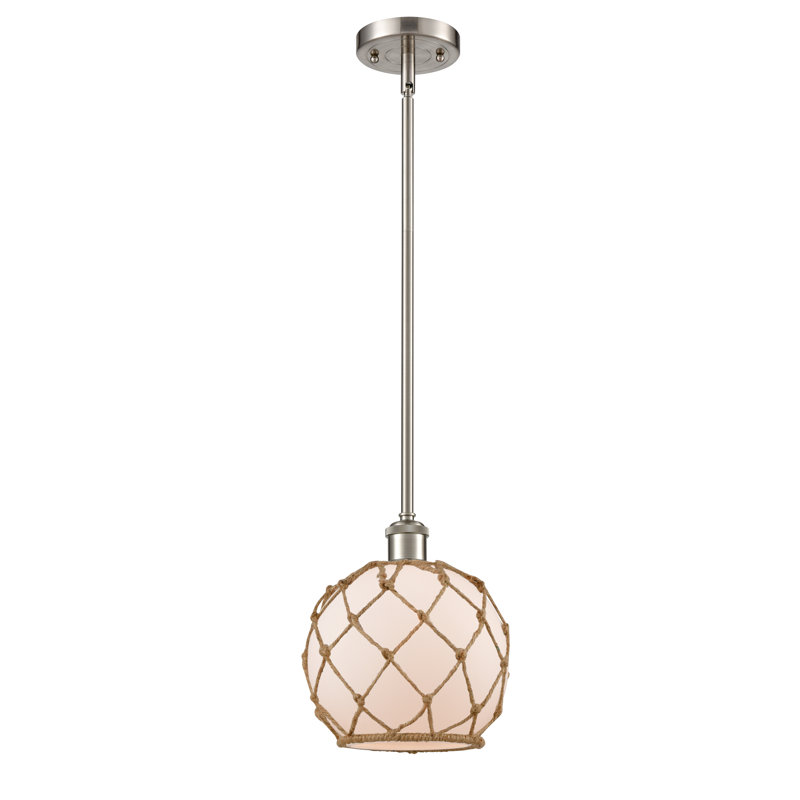 Luminaire suspendu en forme de globe à 1 lumière avec accents en corde Tobey, Blanc / Brun, Nickel satiné brossé