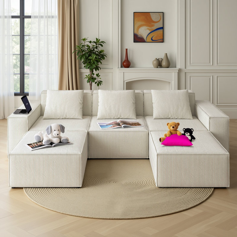 Canapé modulaire en velours côtelé 5 places avec 2 repose-pieds Boneless, Velours côtelé blanc