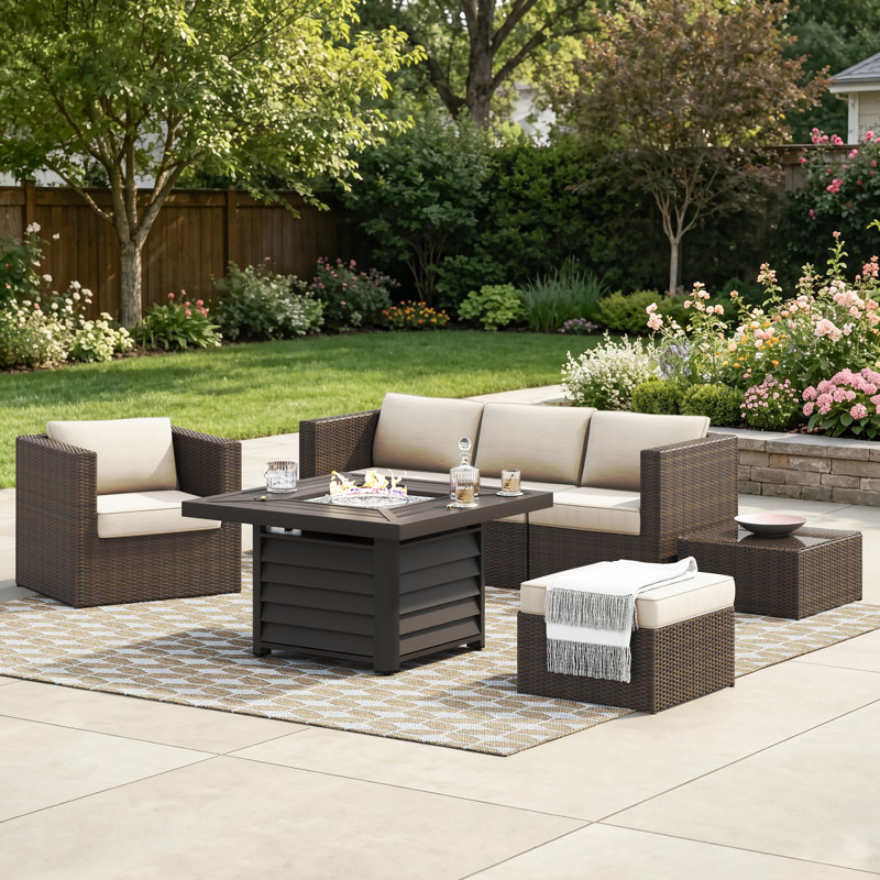 Baecher 5 - Person Wicker / Rattan Outdoor Sectional Seating Group ( Fully Assembled ) with Cushions and Aluminum Fire Pit Table