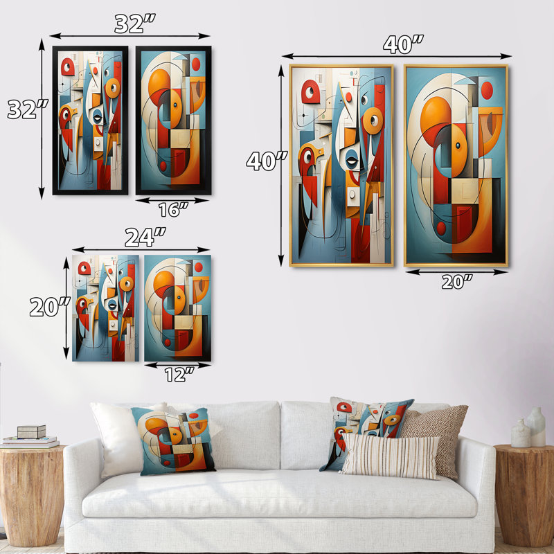«Cubism Geometric Portrait», 2 pièces sur toile, Encadrement doré, H 32 po x l 32 po