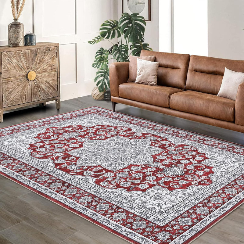 Vintage Washable Area Rug, Floral Medallion, Soft Accent Carpet for Living Room, Bedroom, Entryway, Non-Slip, Low-Pile