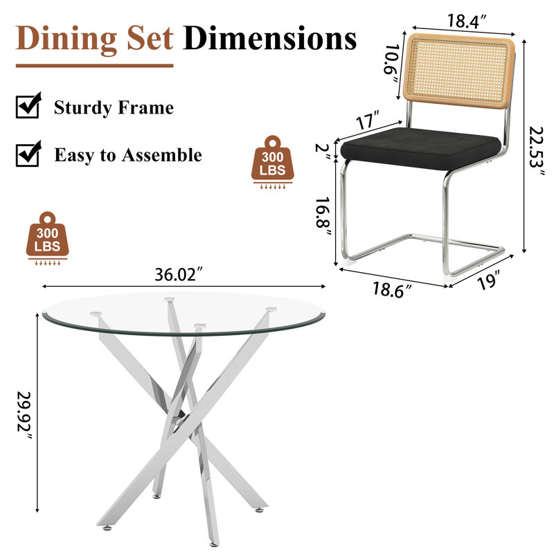 3-Piece Round Glass Dining Set, 36" Tempered Glass Top With Mirror Stainless Steel Base, 2 C-Frame Rattan Chairs, Black