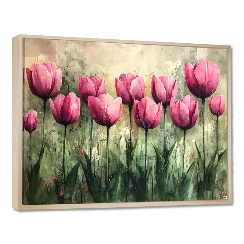 «Summer Pink Hues Tulips Field Horizon», art mural tulipes, H 34 po x l 44 po, Impression encadrée flottante, Crème, crème