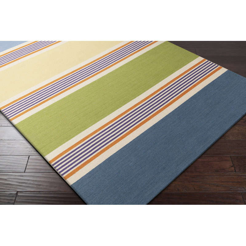 Tapis rayé bleu en laine tissé à plat à la main Dixon, Rectangle 3 pi 6 po x 5 pi 6 po