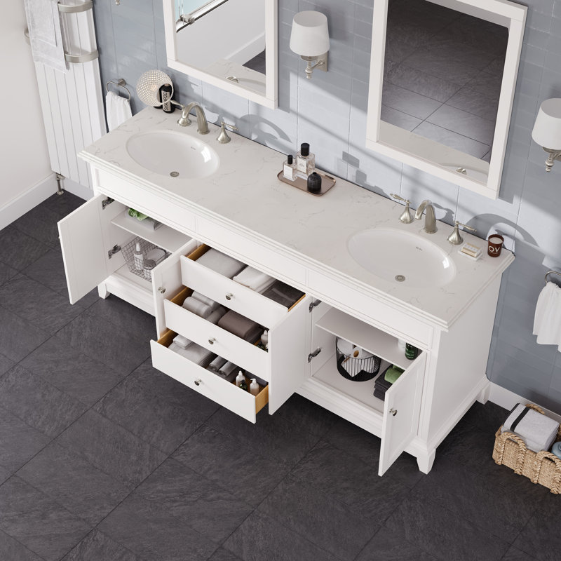 Ensemble de meuble-lavabo double 72 po avec comptoir en quartz Carrara et lavabos en porcelaine encastrés Elite Stamford, 72"
