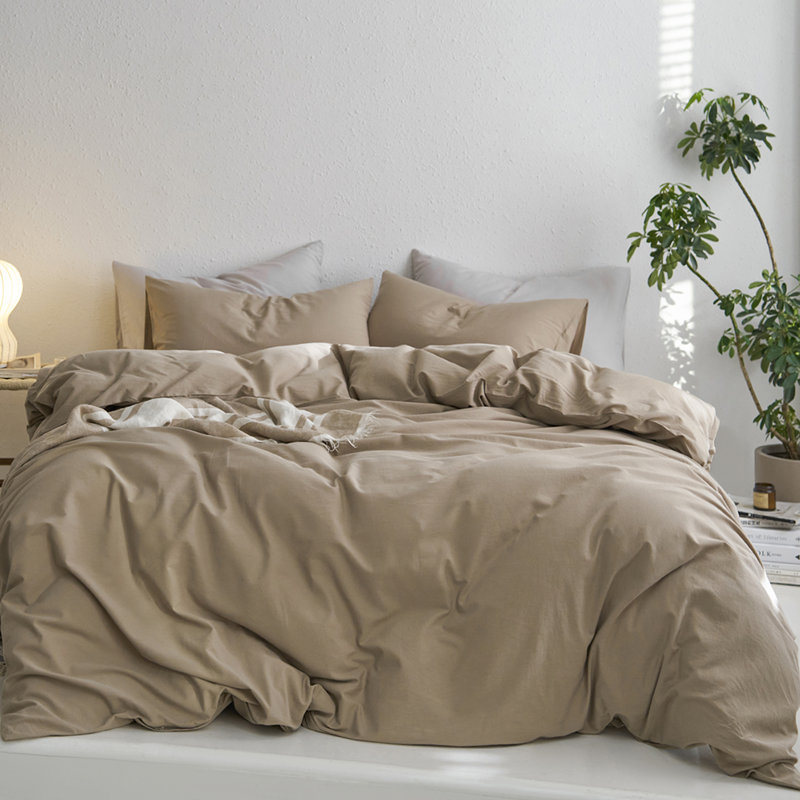 MooMee Duvet Cover Set with Zipper Closure & 8 Interior Ties 100% Washed Cotton Twill Soft Linen Like Textured, Mocha Brown